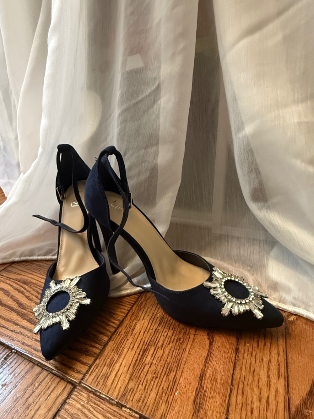 Camellia Navy Blue Suede Heels with silver embellishment